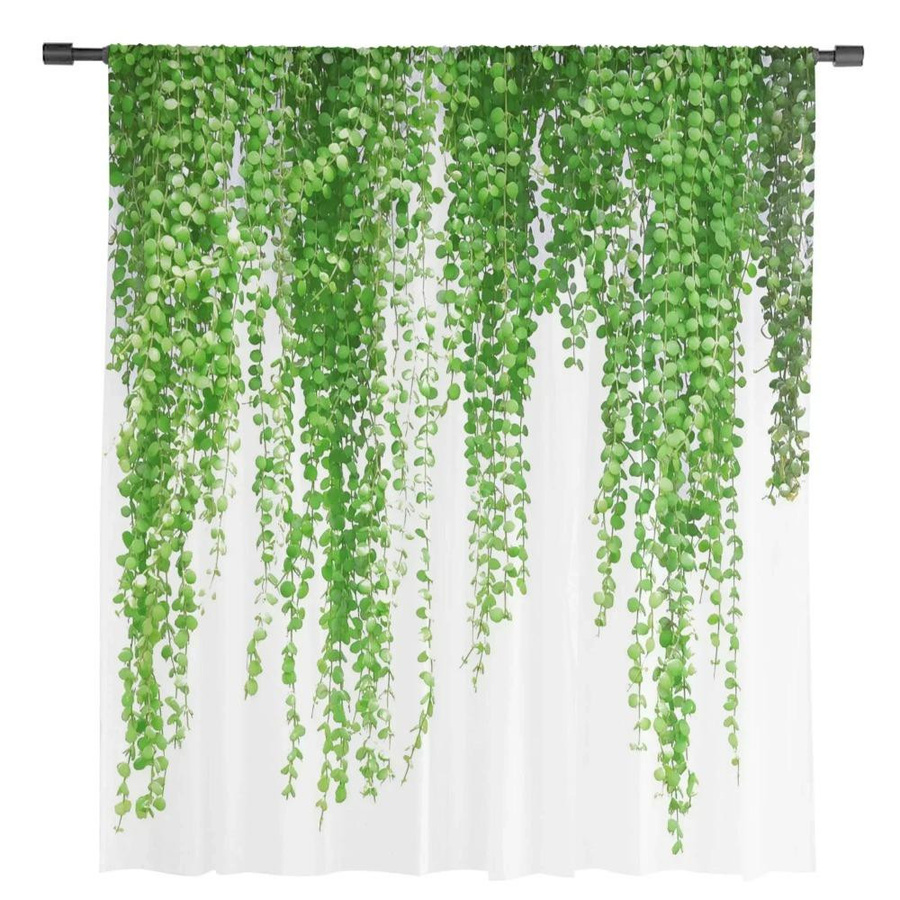 Yiran Furniture Transparente Chiffon-Vorhänge mit Pflanzengrün-Rattanblatt-Motiv in Weiß, B: 135 cm, H: 137 cm - Bild 2