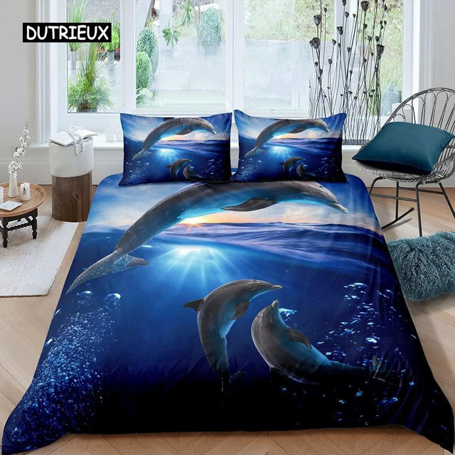 Binchi Outdoor Product Bettwäsche-Set mit 3D-Delfin-Motiv in Blau, Material Mikrofaser Polyester, B/H: 135 x 200 cm - Bild 1