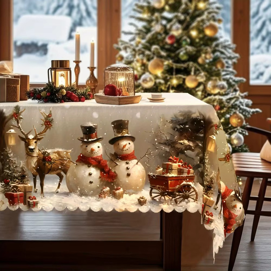 VIKAMA Vintage-Weihnachtstischdecke mit Schneemännern und Weihnachtsbäumen in Weiß - Bild 4