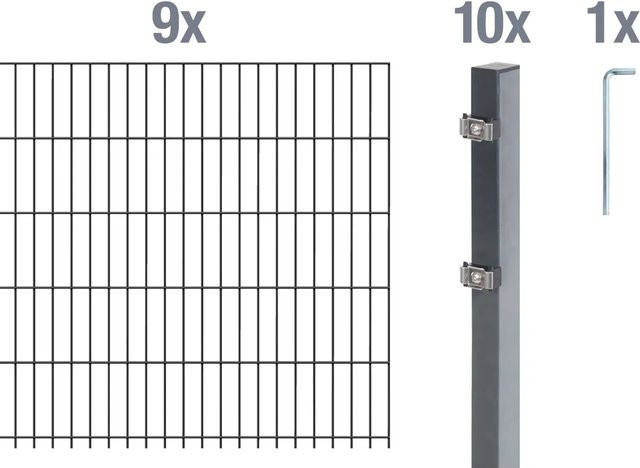 Metallzaun Doppelstabmatte Grund-Set aus Stahl, anthrazit beschichtet, Höhe: 1,6 m, Breite: 9 m - Bild 1