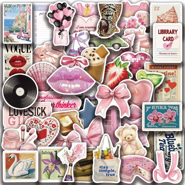50 Stück Cartoon Rosa Ästhetische Serie Aufkleber aus wasserfestem PVC für dein Tagebuch und Scrapbooking - Bild 1