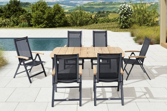 OUTFLEXX Garten-Essgruppe aus Aluminium und Teakholz mit 6 Klappstühlen, Anthrazit Matt, B/T: 184 x 100 cm - Bild 1