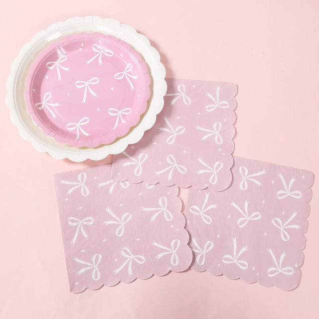 Huiran Einweggeschirr Set Rosa Schleife aus Papier für Mädchen Geburtstag und Babyparty in Pink - Bild 1
