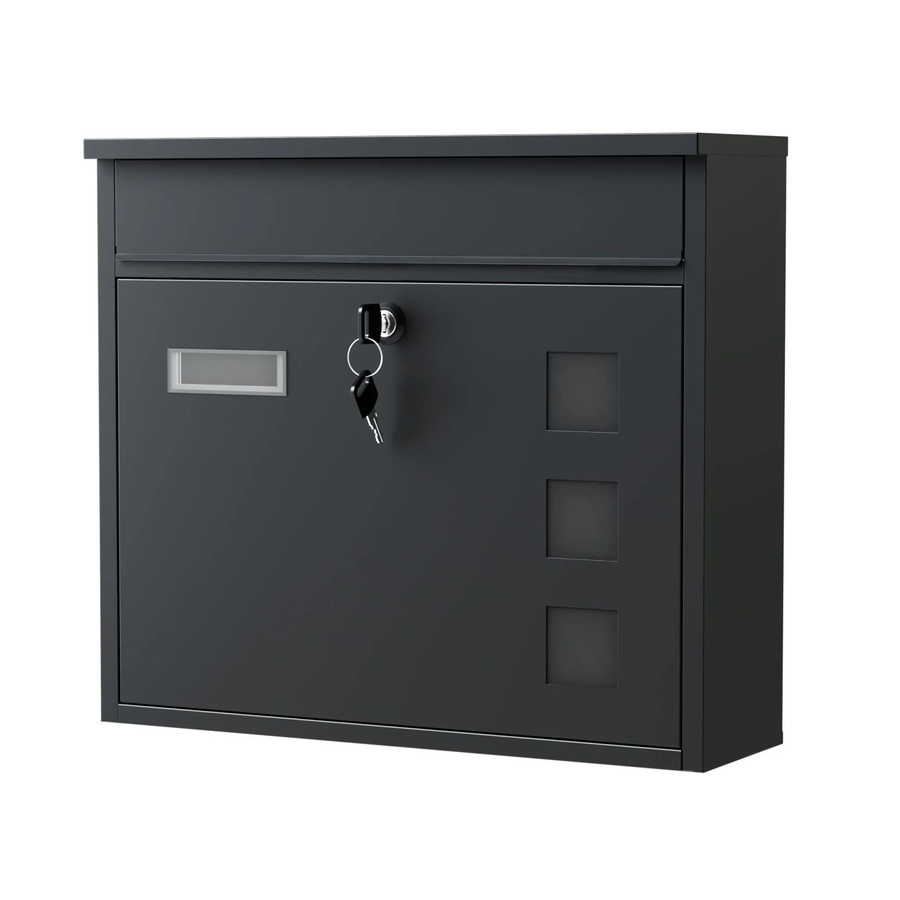 Wiltec Briefkasten V12 aus Stahl in Schwarz mit Schloss und Namensschild, Wandmontage, B/H/T: 36,0 x 31,5 x 11,5 cm - Bild 2