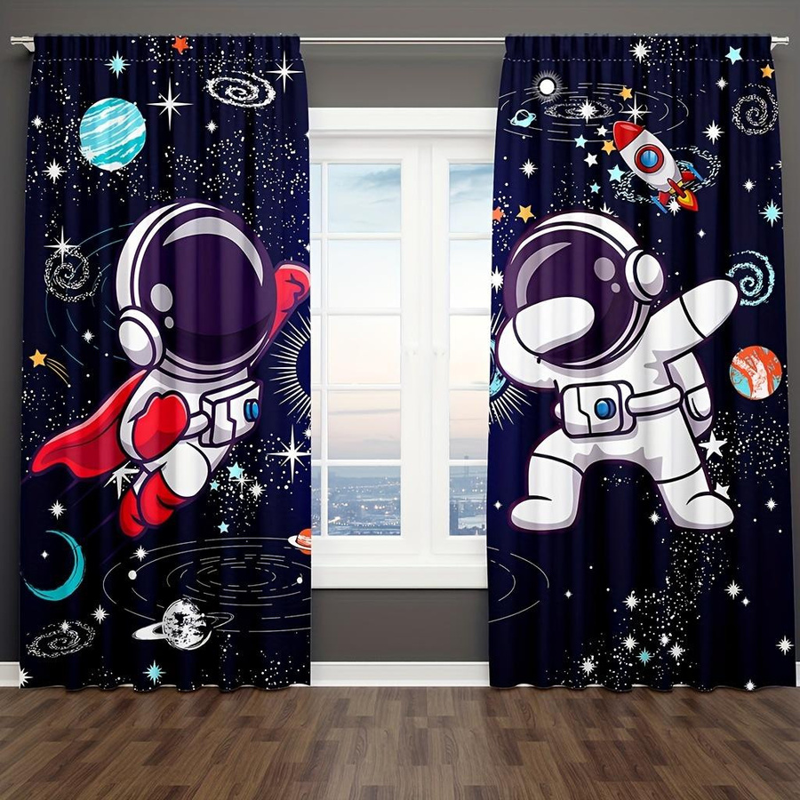 2er-Set Weltraum Astronaut Fenster Vorhänge mit kosmischem Design, halbtransparent, B: 150 cm, H: 166 cm - Bild 2