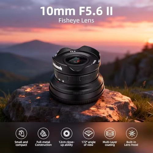 PERGEAR 10mm F5.6II APS-C Fisheye-Objektiv mit manueller Fokussierung für Fuji XF, M43, Sony E, Canon EOS M und Nikon Z Mount Spiegellose Kameras, Schwarz - Bild 2