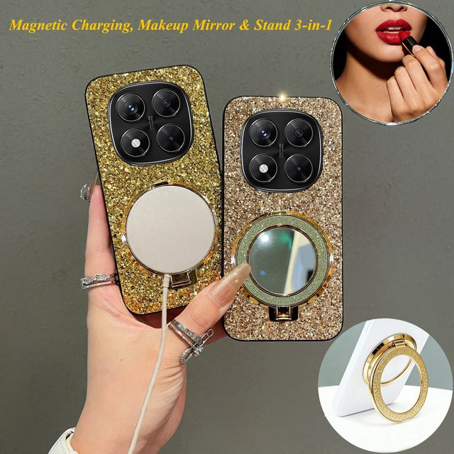 Glitzernde Kunstleder-Handyhülle in Gold für Xiaomi Redmi Note 14 15 4G 5G Pro mit glänzender Spiegelhalterung - Bild 1
