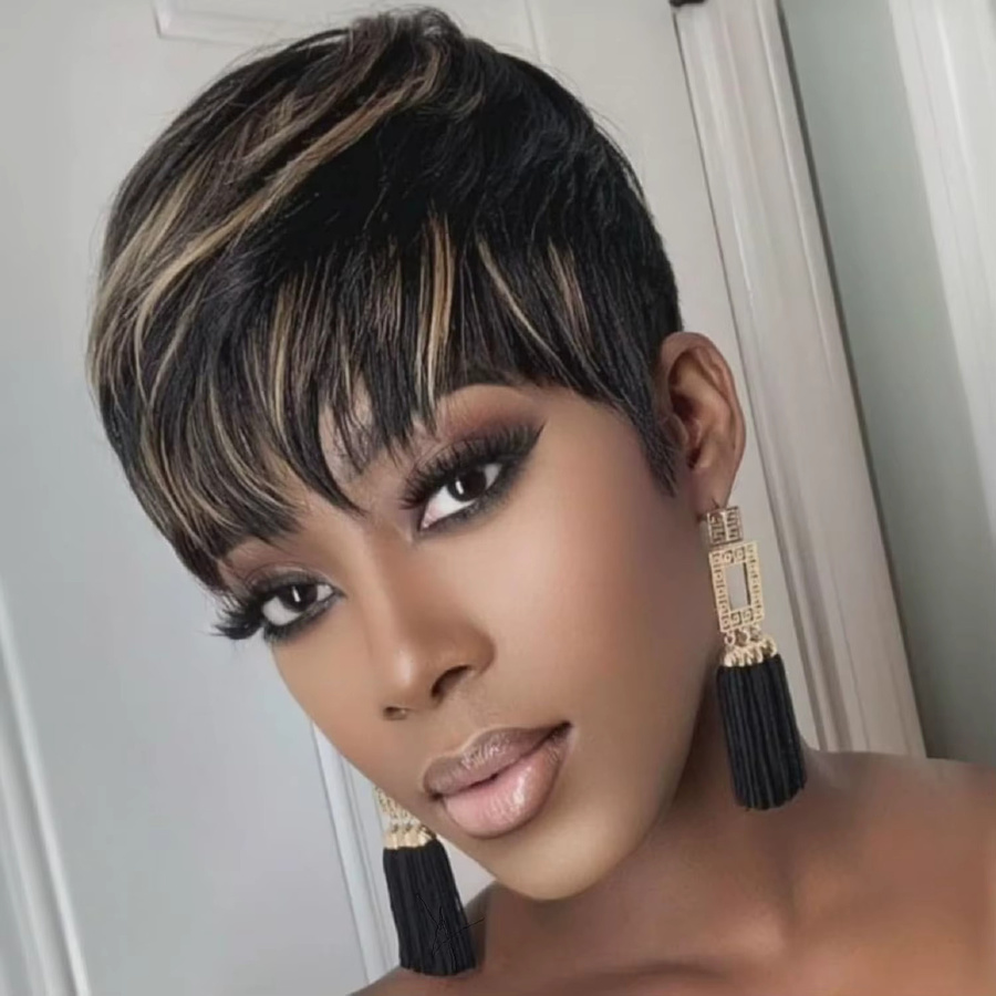 OYM HAIR Pixie-Schnitt-Perücke, brasilianisches Echthaar, schwarzblond, Damen - Bild 4