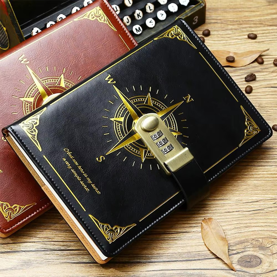 Retro A5 Notizbuch mit Schloss und Hardcover aus Kunstleder, 200 Blatt liniertes Tagebuch in Schwarz - Bild 4