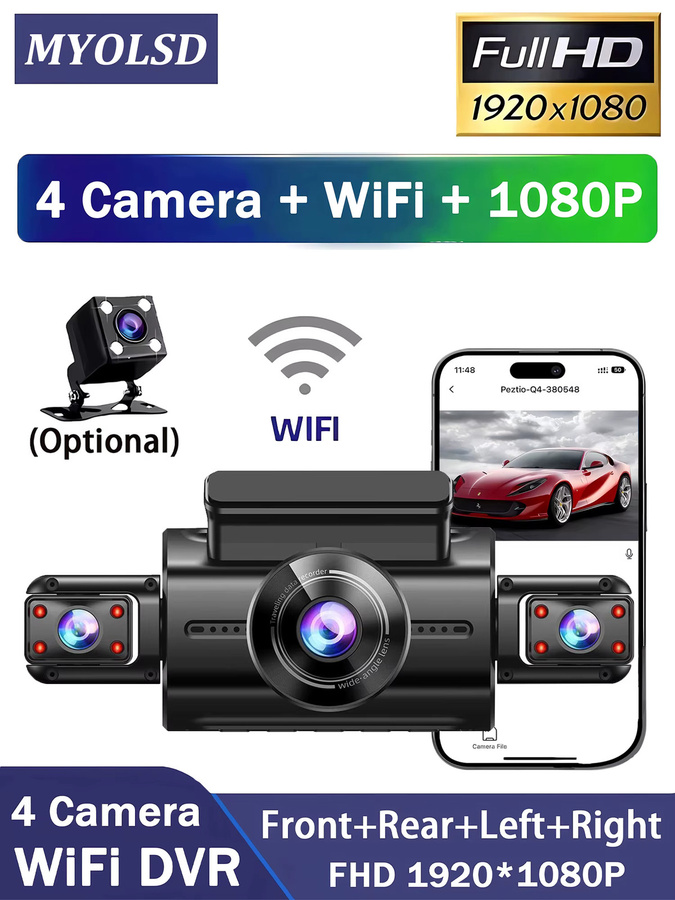 MYOLSD 4-Kanal Dashcam mit 1080P Auflösung und 360-Grad-Funktion, 4-Linsen Auto-DVR mit WIFI-App, Front- und Rückfahrkamera inklusive 24-Stunden-Parküberwachung, Schwarz - Bild 7