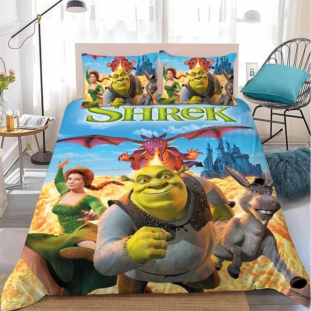 LjqEight Bettwäschegarnitur S-Shrek Cartoon 3-teilig aus Polyester in Blau, B/H: 135 x 200 cm - Bild 1