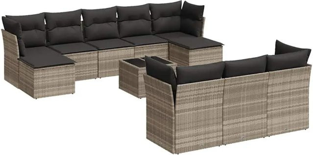 vidaXL 11-teilige Garten-Sofagarnitur in U-Form aus Polyrattan mit Kissen in Hellgrau - Bild 1
