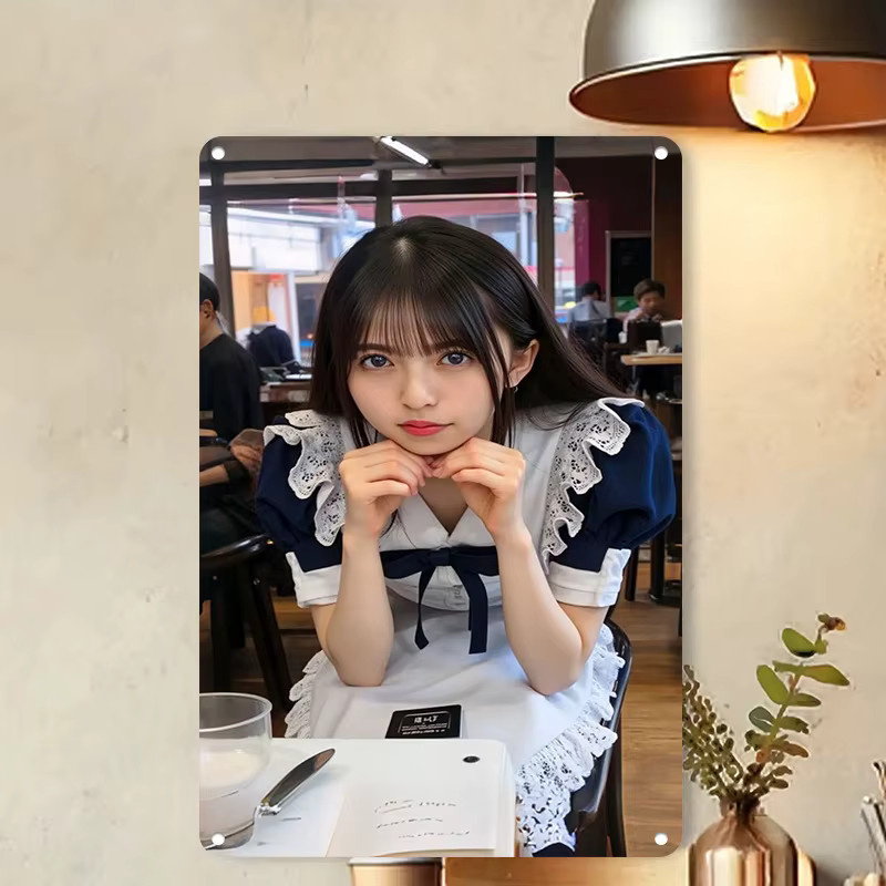 HELLOYOUNG Metallschild Maid Cafe Girl Wandkunst, Mehrfarbiges Metallposter für Wohnzimmer, Schlafzimmer und Küche - Bild 2