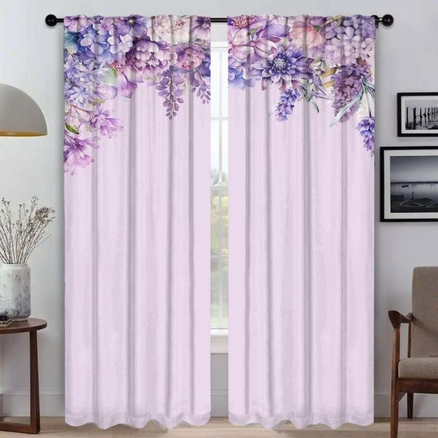 Elegante Tüll-Vorhänge mit floralem Blumenmuster in Lila, 2er-Set, Breite: 50 cm, Höhe: 70 cm - Bild 1