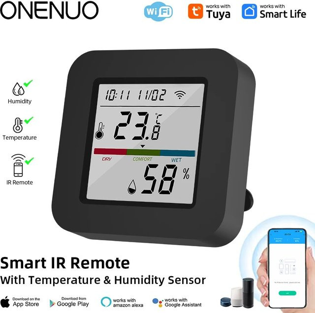 Onenuo Tuya Smart Universal IR Fernbedienung mit Temperatur- und Feuchtigkeitssensor in Schwarz, kompatibel mit Alexa und Google Home - Bild 1