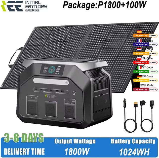 IEE P1800 Tragbare Powerstation mit 1024Wh Kapazität und 100W Solarpanel, 1800W Ausgangsleistung und 3600W Spitzenleistung, EU-Stecker 220V AC-Steckdose - Bild 1