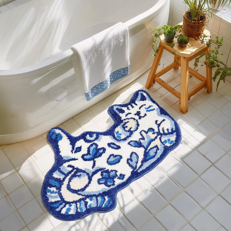 VIKAMA Blue Delft Cat Teppich, rutschfeste und wasserabsorbierende Bodenmatte in Blau für Badezimmer und Kinderzimmer - Bild 2