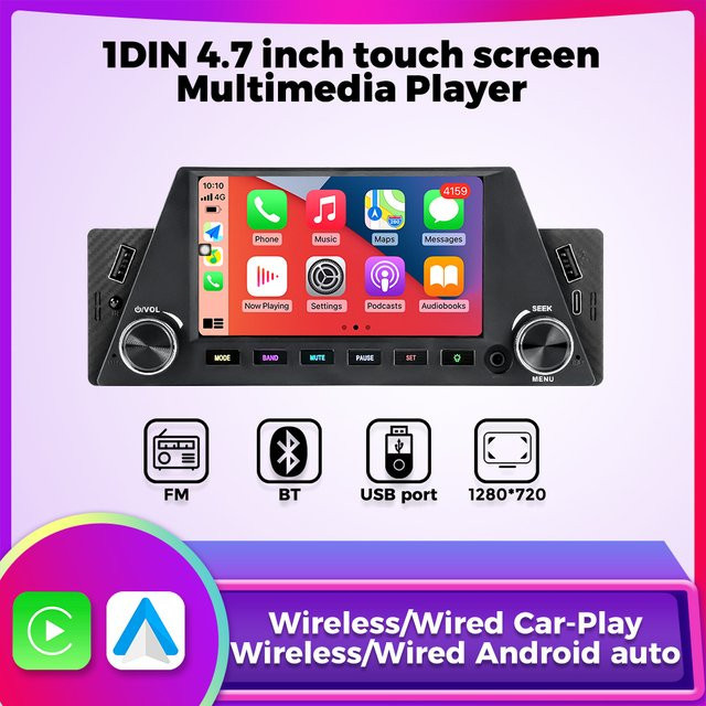 AUTOSHARK 1 DIN MP5 Universal Autoradio mit Touchscreen Multimedia-Player, Carplay und Android Auto, Navigation, USB-C, Schwarz - Bild 1