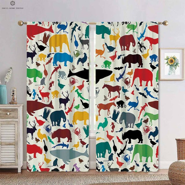 Dekorative Vorhänge für Kinderzimmer mit Cartoon Regenbogen Wald Tierdruck, 2er Set, Mehrfarbig, B: 50 cm, H: 160 cm - Bild 1