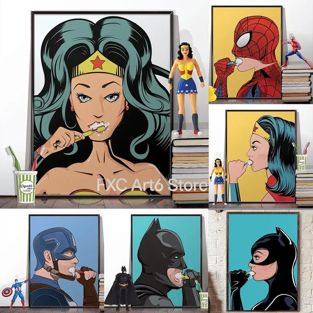 Marvel Spiderman Zähneputzen Leinwandgemälde Kayou Rahmenloses Wandbild für die Badezimmer-Dekoration in Mehrfarbig - Bild 1