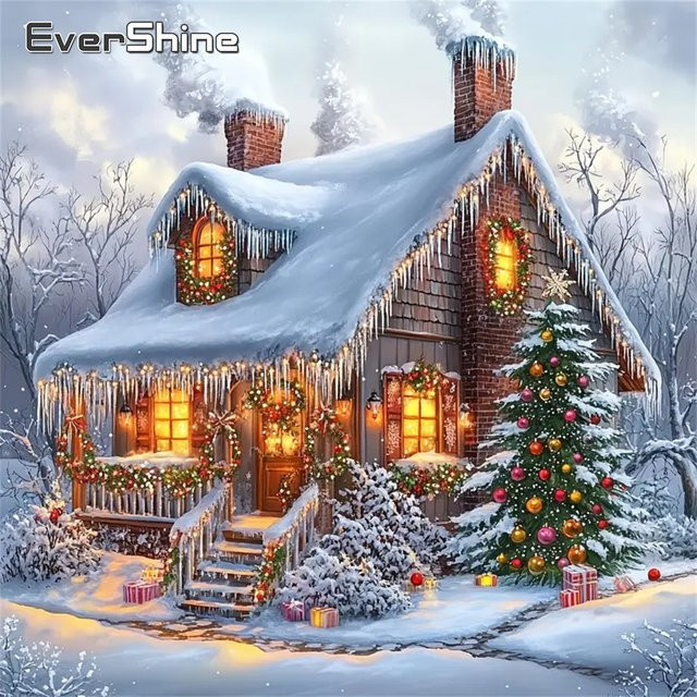 Evershine DIY Diamant Stickerei Haus Landschaft Malerei als Acryl Handwerk mit quadratischen Mosaiksteinen in Multicolour, B/T/H: 20 x 20 x 20 cm - Bild 1