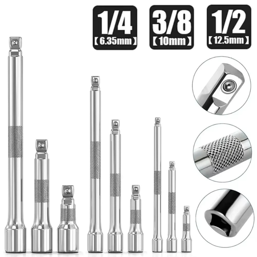 Antriebsverlängerungsset für Steckschlüssel und Ratschen in Silber mit 1/4", 3/8" und 1/2" Antrieb sowie Längen von 50mm, 100mm, 150mm und 250mm - Bild 2