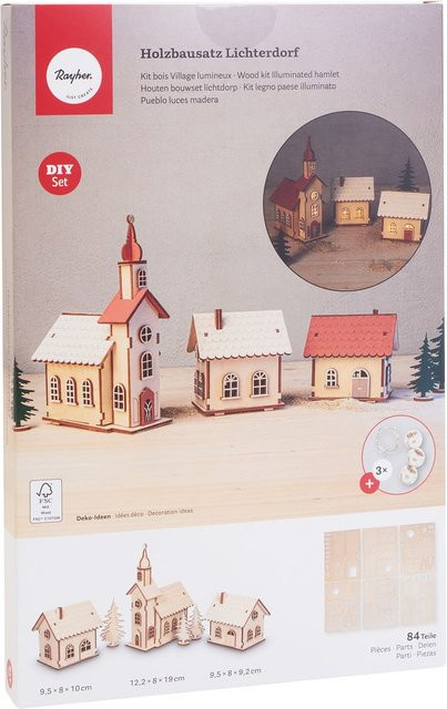Rayher Holzbausatz Lichterdorf aus Sperrholz in Beige, 84-teilig - Bild 1