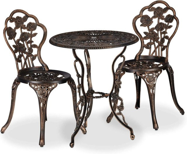 Relaxdays Balkongarnitur aus Aluminiumguss in Schwarz und Bronze, 3-teiliges Set im Vintage-Design mit floralem Muster - Bild 1