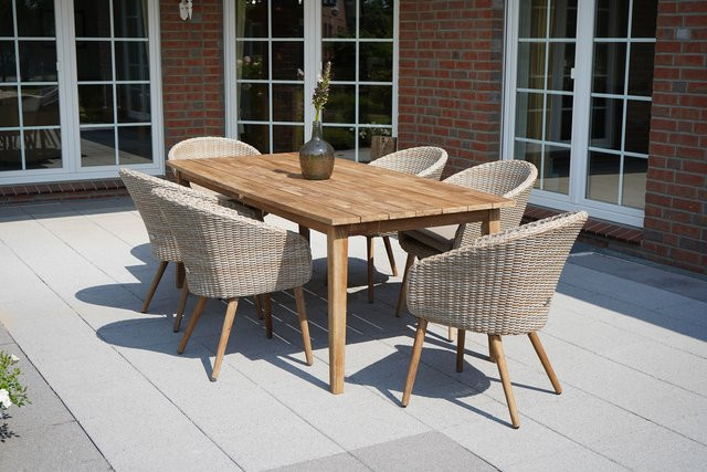 OUTFLEXX Borneo Garten-Essgruppe aus Polyrattan und Akazie in Beige mit Tisch und 6 Cocktail-Sesseln, Tisch B: 180 cm, T: 90 cm, H: 75 cm - Bild 1