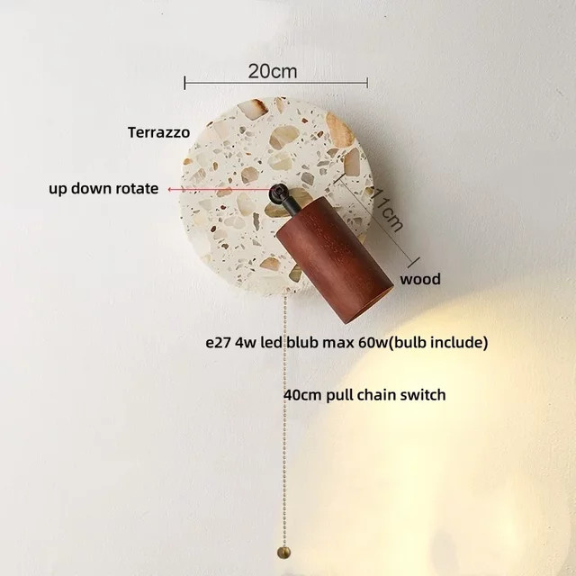 Pumous Wabi Sabi LED-Wandleuchte aus Stein und Holz mit Zugkettenschalter in Mehrfarben - Bild 1