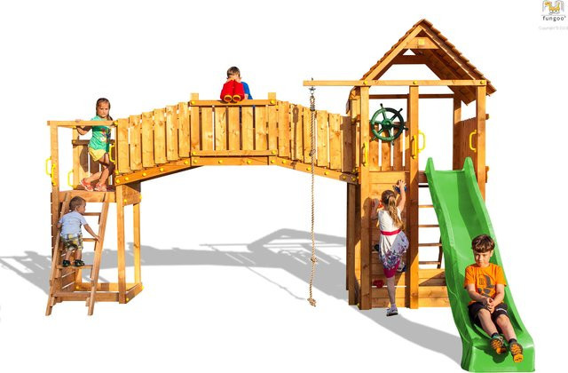Fungoo Fortress TipTop Rainbow Spielturm, mit 2x Turm, Rutsche, Kletterwand, Griffe, Leiter, Holzdach, ab 3 Jahre - Bild 1