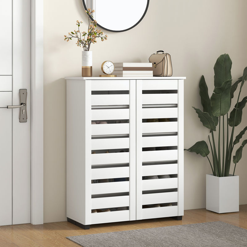 Aosom HOMCOM Schuhschrank mit 5 Ebenen und 4 verstellbaren Regalen, moderne Schuhbank aus Holz mit Lamellentüren, Weiß, B/T/H: 76 x 33 x 98 cm - Bild 2
