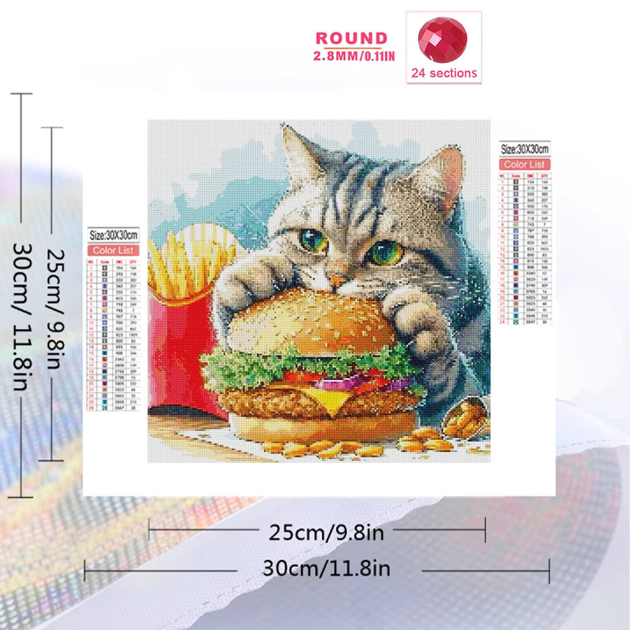 Evershine DIY Diamantstickerei Set Katze und Hamburger Motiv, Rundes Mosaik Bastelset Wandkunst, Mehrfarbig, B/H: 20 x 20 cm - Bild 2