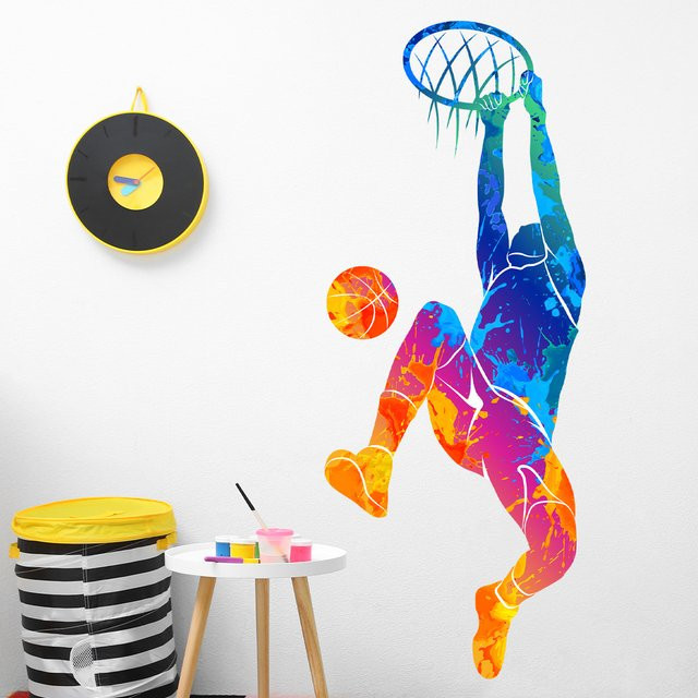 BRUP Basketball Wandaufkleber in Aquarell-Graffiti-Optik mit Slam Dunk-Muster für dein Jungenzimmer, Multicolor, PVC - Bild 1