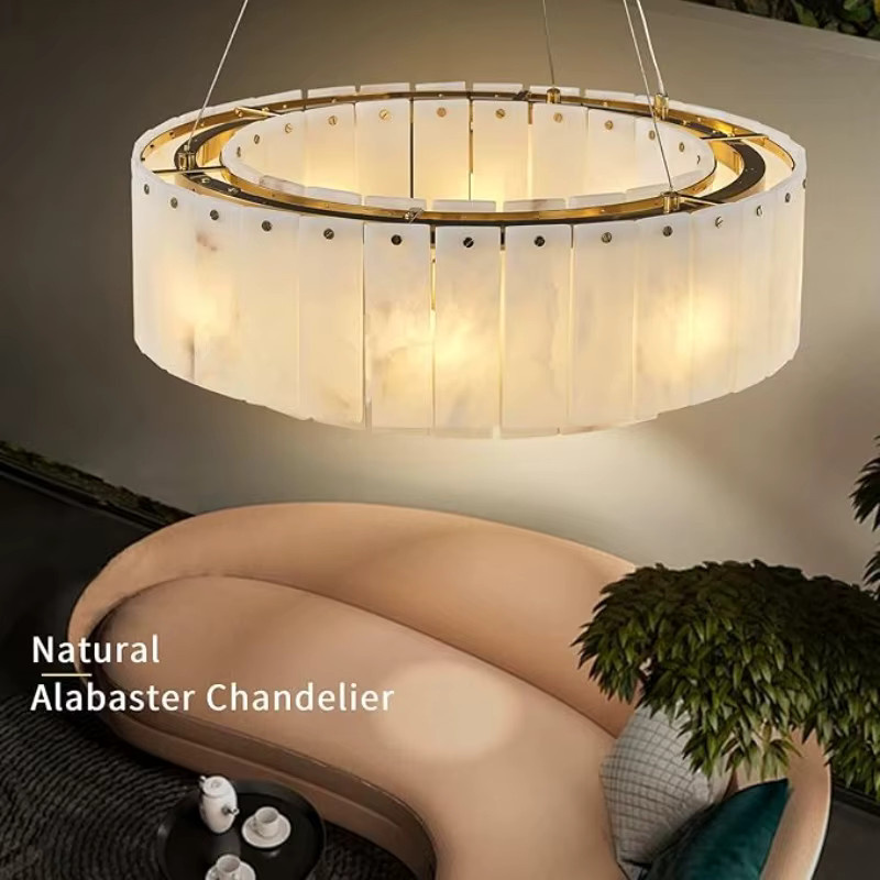 HomeLover Nordic Alabaster Marmor Kronleuchter, Dimmbare LED Ring Lampe aus Messing und Marmor in Weiß und Gold für Wohnzimmer und Esszimmer - Bild 4