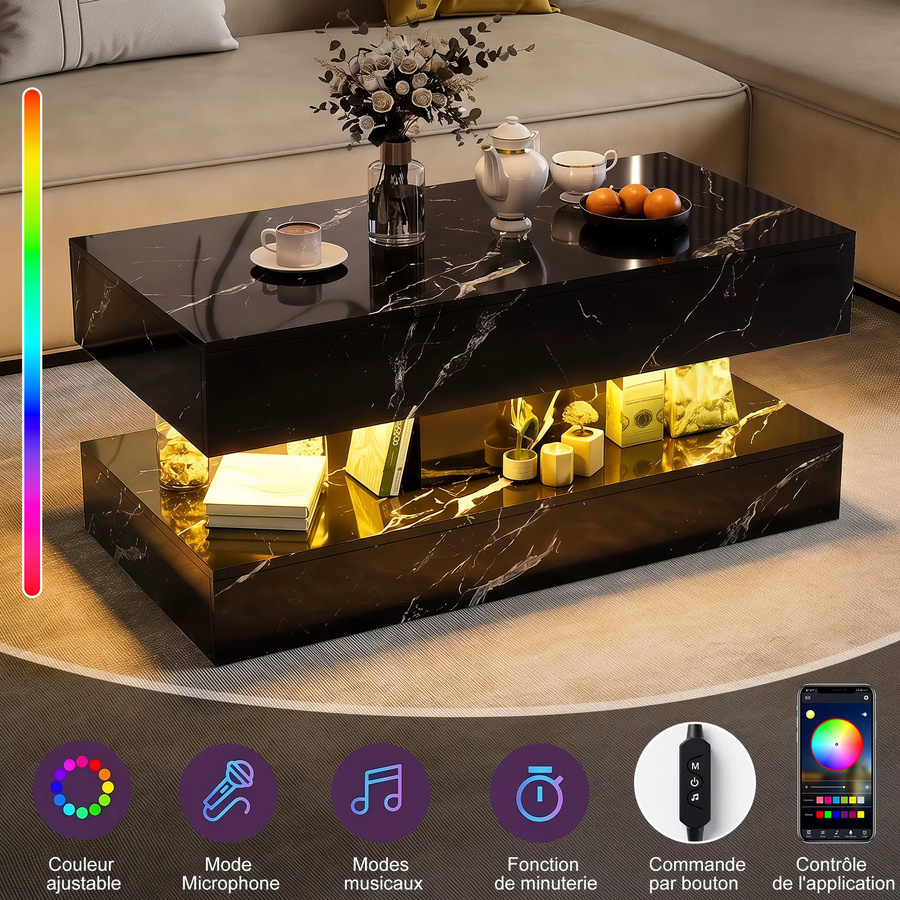Anajqaqia Moderner Couchtisch in Schwarz mit Marmor-Effekt und Hochglanz-Finish, zweistufiger Sofatisch mit 2 Schiebeschubladen und offenem Stauraum, B/T/H: 100 x 50 x 45 cm - Bild 3