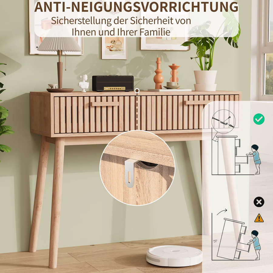 Comanlai Beistelltisch aus Holz mit 2 Schubladen und Tischecken, Naturfarben, B/T/H: 100 x 35 x 80 cm - Bild 2