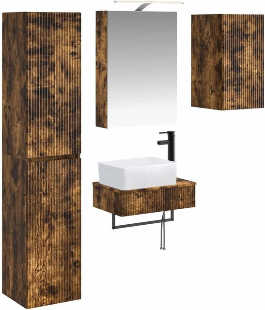 vidaXL Badezimmermöbel-Set in Geräucherte Eiche, 5-teiliges modernes Set mit Waschtischunterschrank, Spiegelschrank mit LED-Beleuchtung und Glastüren, Braun Matt - Bild 1