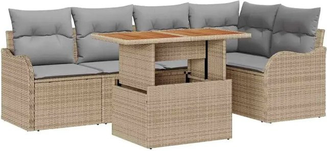 vidaXL Garten-Sofa-Set aus Poly Rattan in Beige, 6-teiliges L-Shape Lounge-Set mit Tisch, Polsterkissen und Stauraum - Bild 1