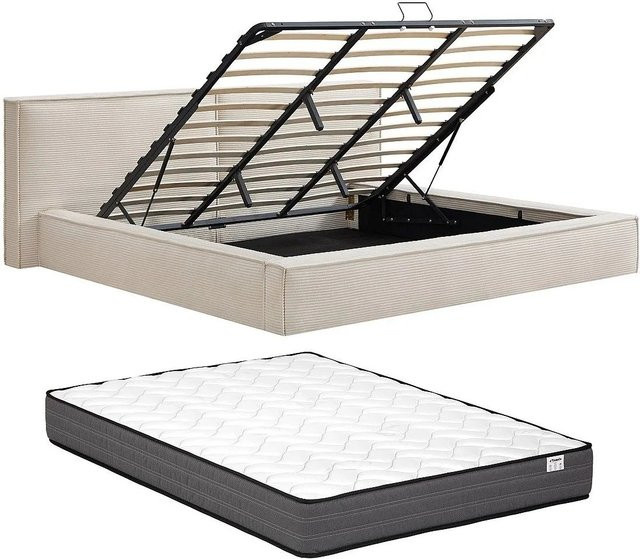 Taveso Bett mit Bettkasten in Beige aus Cord-Velours, B/T: 180 x 200 cm - Bild 1