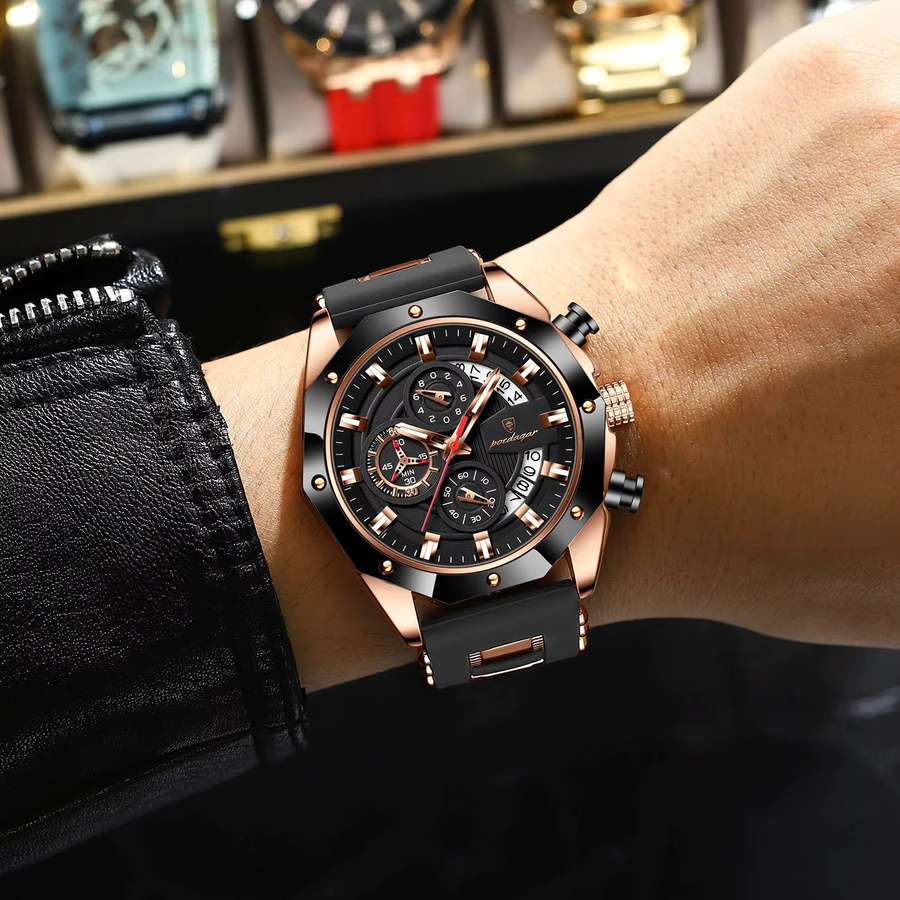 POEDAGAR Armbanduhr Chronograph, Quarz, Silikon, Schwarz, Herren - Bild 6