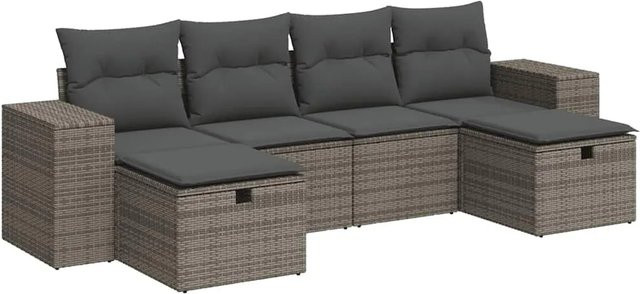 vidaXL 6-tlg Garten-Sofagarnitur in L-Form aus Poly Rattan und Metall in Grau mit Kissen und Ottoman - Bild 1