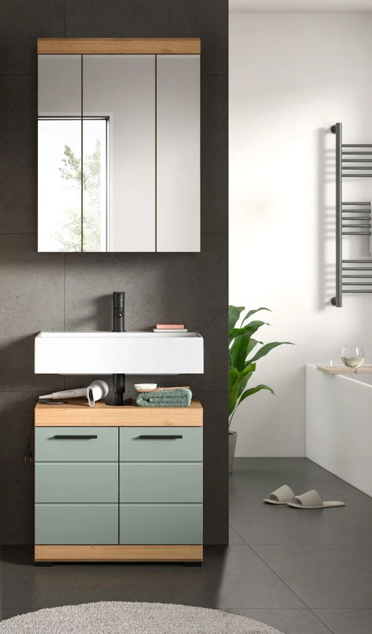 Inn.Furn Badmöbel Set Shawn 2-teilig in Grün und Eiche mit Spiegelschrank und Waschtischunterschrank, Breite: 60 cm - Bild 3