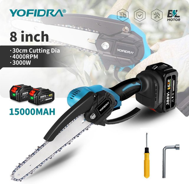 YOFIDRA Bürstenlose Akku-Kettensäge 3000W, 8 Zoll, Blau, kompatibel mit Makita Akku - Bild 1