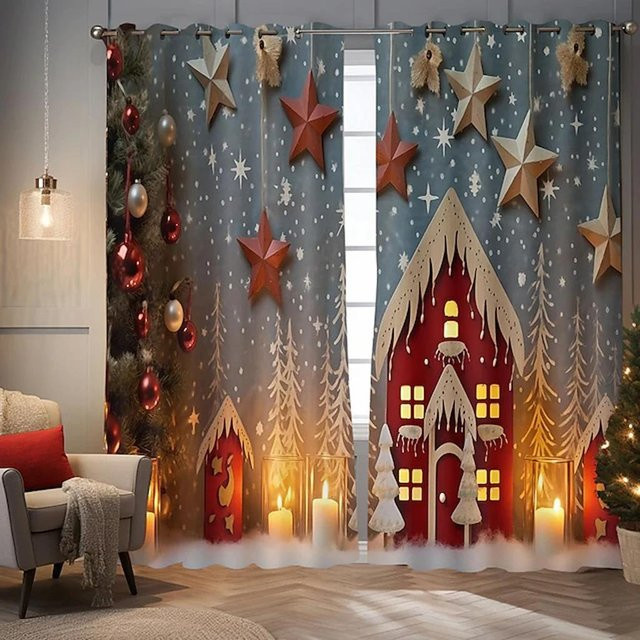 2er-Set Weihnachtsvorhang mit Schneenacht-3D-Druck, Verdunkelung für Schlafzimmer und Wohnzimmer, Mehrfarbig, Breite: 66 cm, Höhe: 164 cm - Bild 1