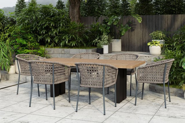 OUTFLEXX Bob/Zui Garten-Essgruppe aus Aluminium, recyceltem FSC-Teakholz und Rope in Anthrazit/Hellgrau mit 6 Sesseln und Polstern, B/T: 220 x 100 cm - Bild 1