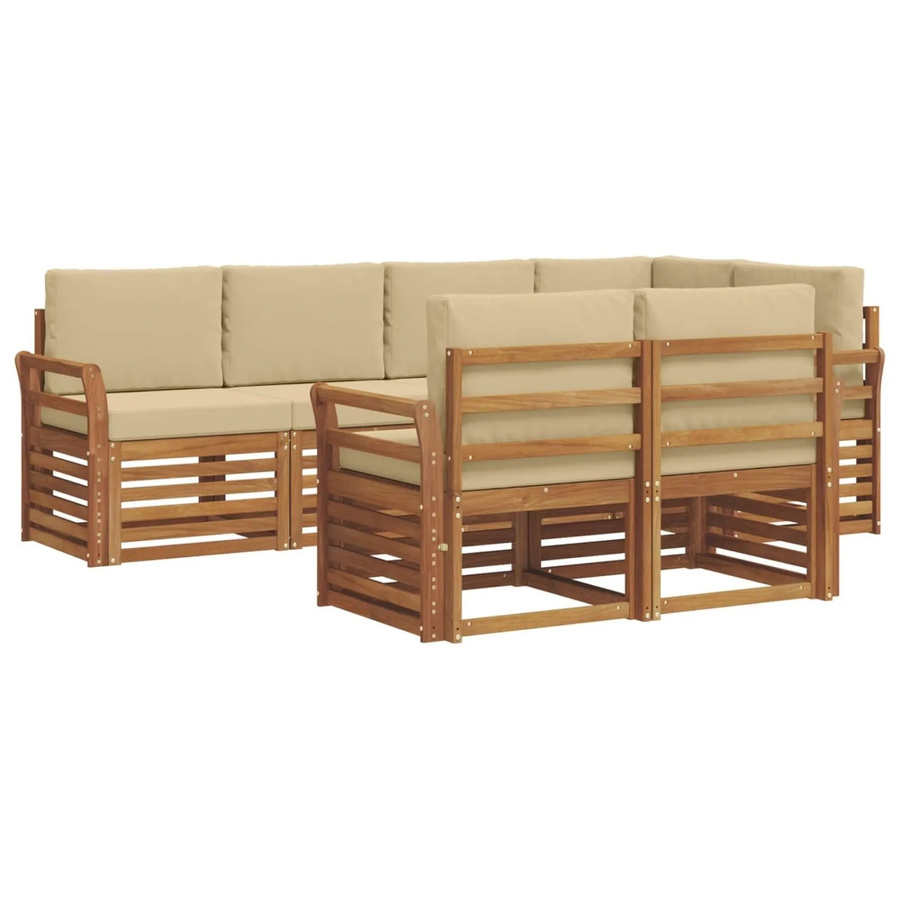 vidaXL Sofagarnitur aus Massivholz Akazie in Natur und Beige, 7-teiliges L-Shape Sofa Set mit Polsterung und Kissen im modernen Latten-Design - Bild 2