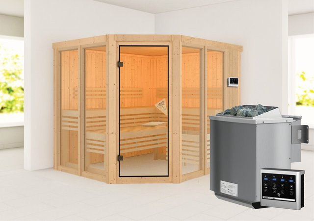 Karibu Sauna Airin 3 aus Fichte in Natur mit BioKombiofen 9,0 kW und externem Steuergerät B/T/H: 231 x 198 x 231 cm - Bild 1