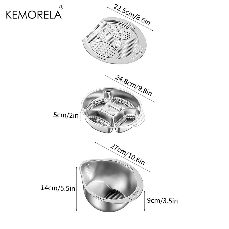 KEMORELA 3-in-1 Reiswaschschüssel aus Edelstahl in Silber, rundes Multi-Sieb zum Waschen und Entleeren von Reis, Obst und Salat, platzsparend und zusammenklappbar - Bild 3