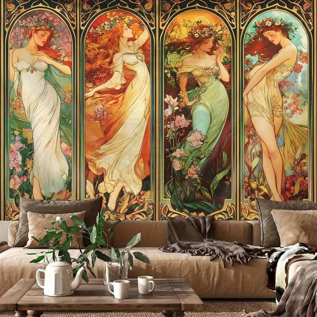 Mucha Vier Jahreszeiten Göttinnen Wandteppich Jugendstil Wandbehang mit Blumenmuster, B/H: 150 x 200 cm, Mehrfarbig, JMG Household Supplies - Bild 1